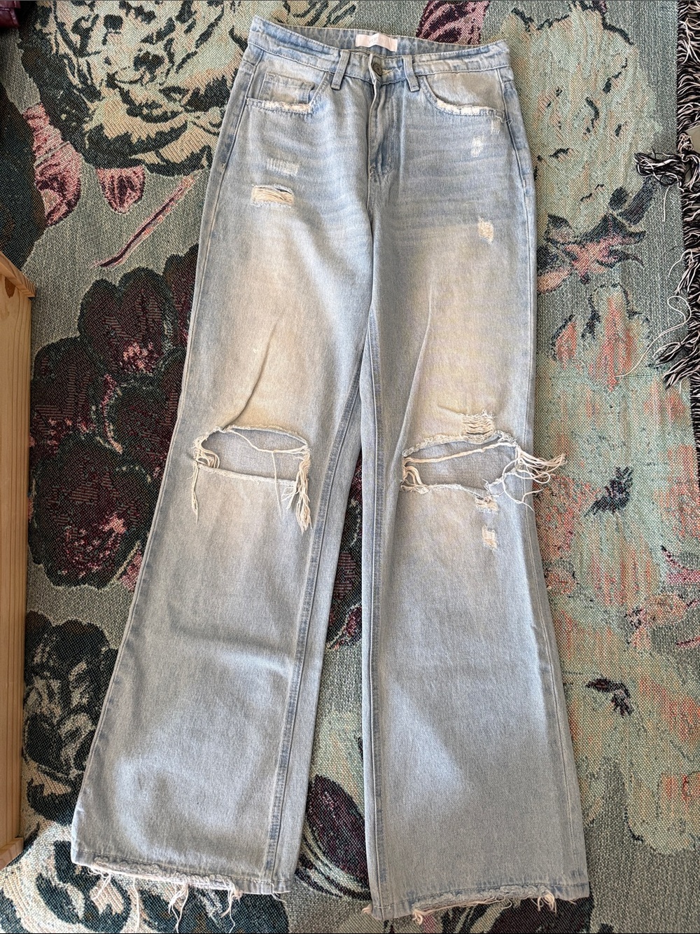 Light Blue Distressed 100% Cotton Wide-Leg Jeans